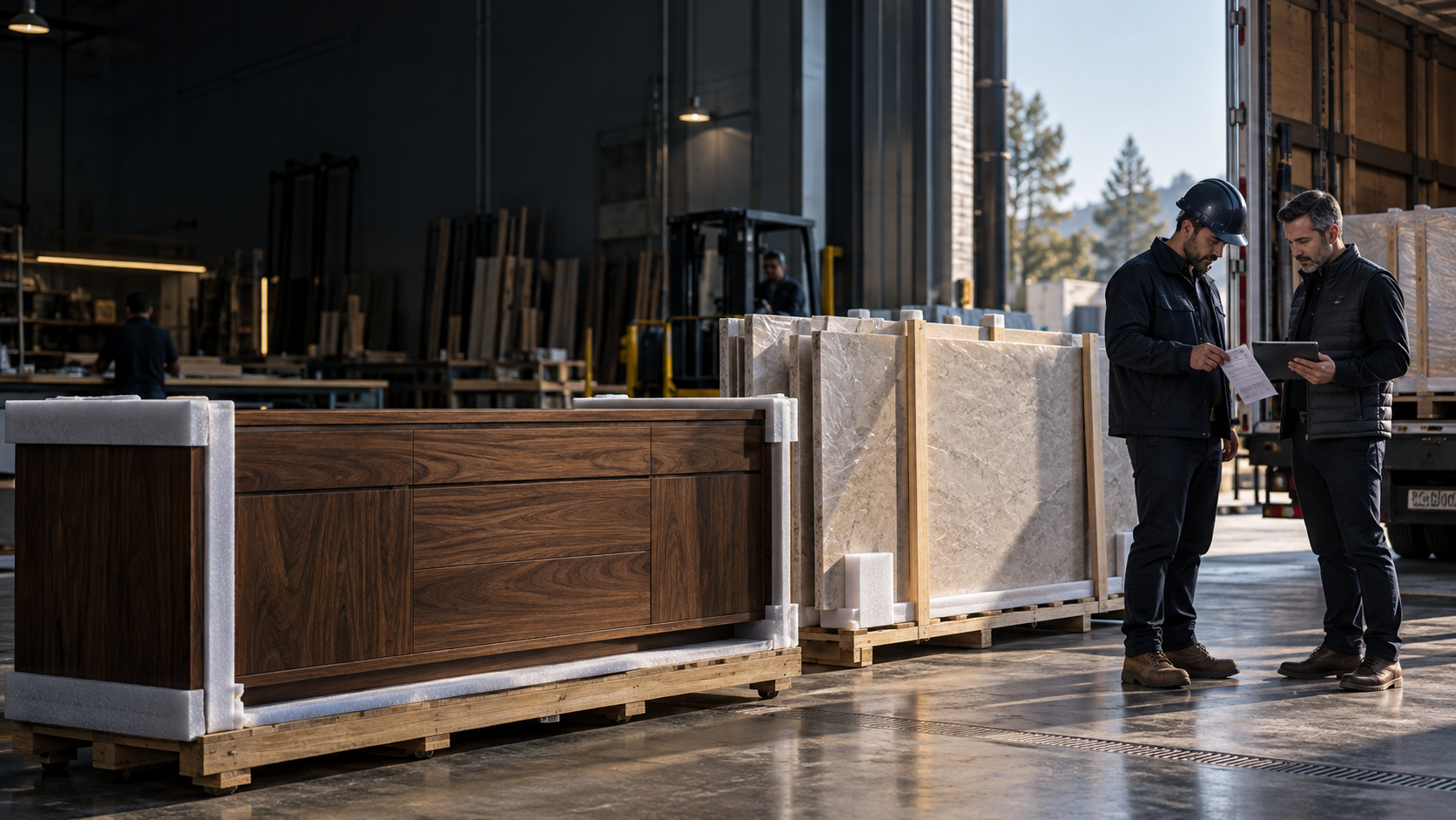 AI-generated editorial illustration of two professionals checking supplier release paperwork beside protected walnut casework and stone in a loading area