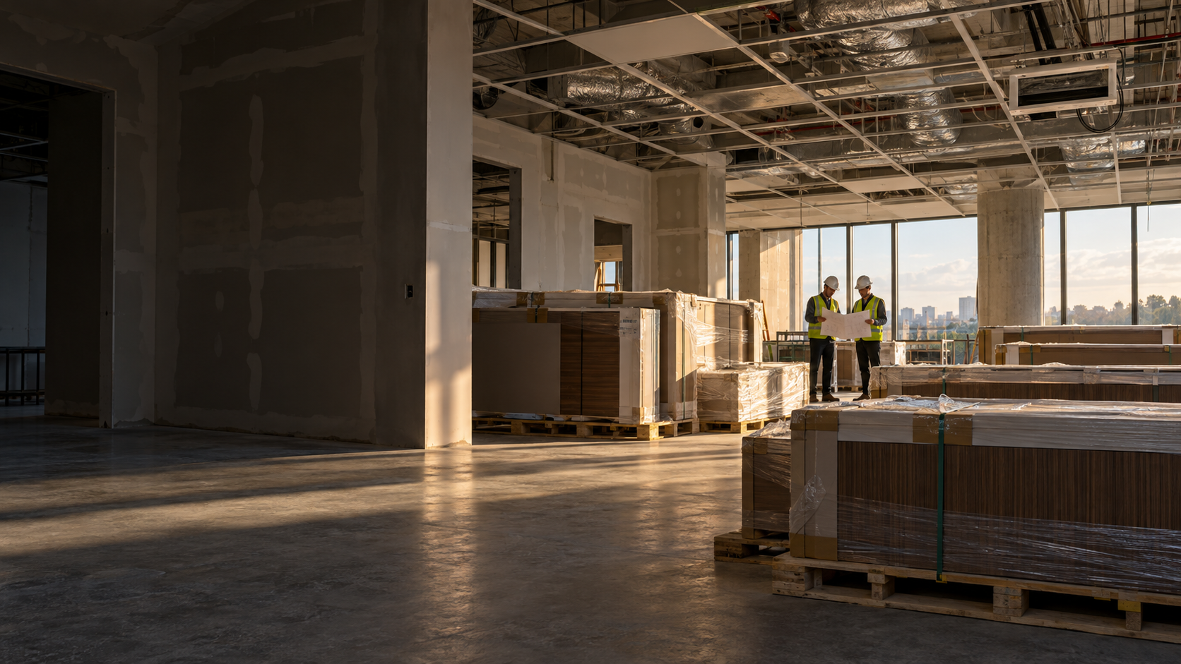 AI-generated editorial illustration of protected millwork awaiting installation in a commercial interior with unfinished walls and an incomplete ceiling
